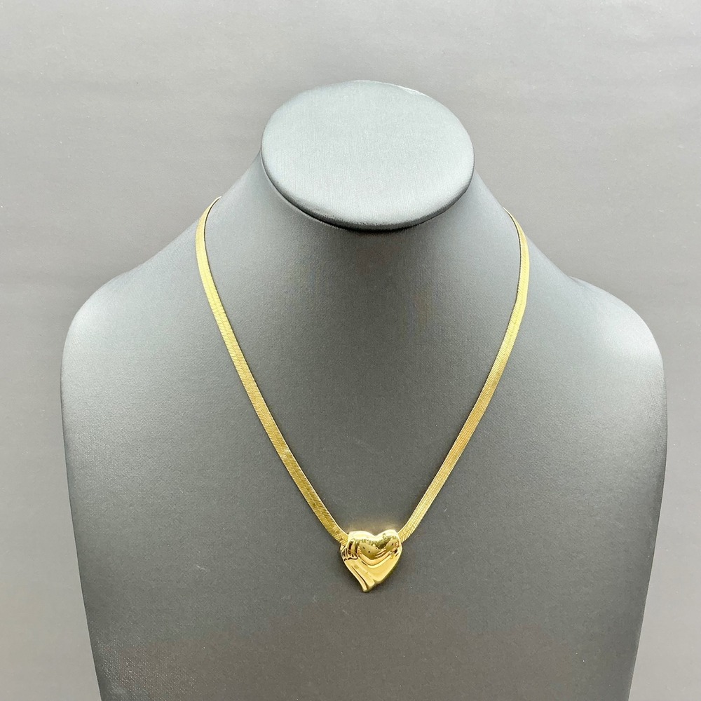 Vintage Heart Pendant Herringbone Chain Necklace Women Gold Tone Flat Link 18in